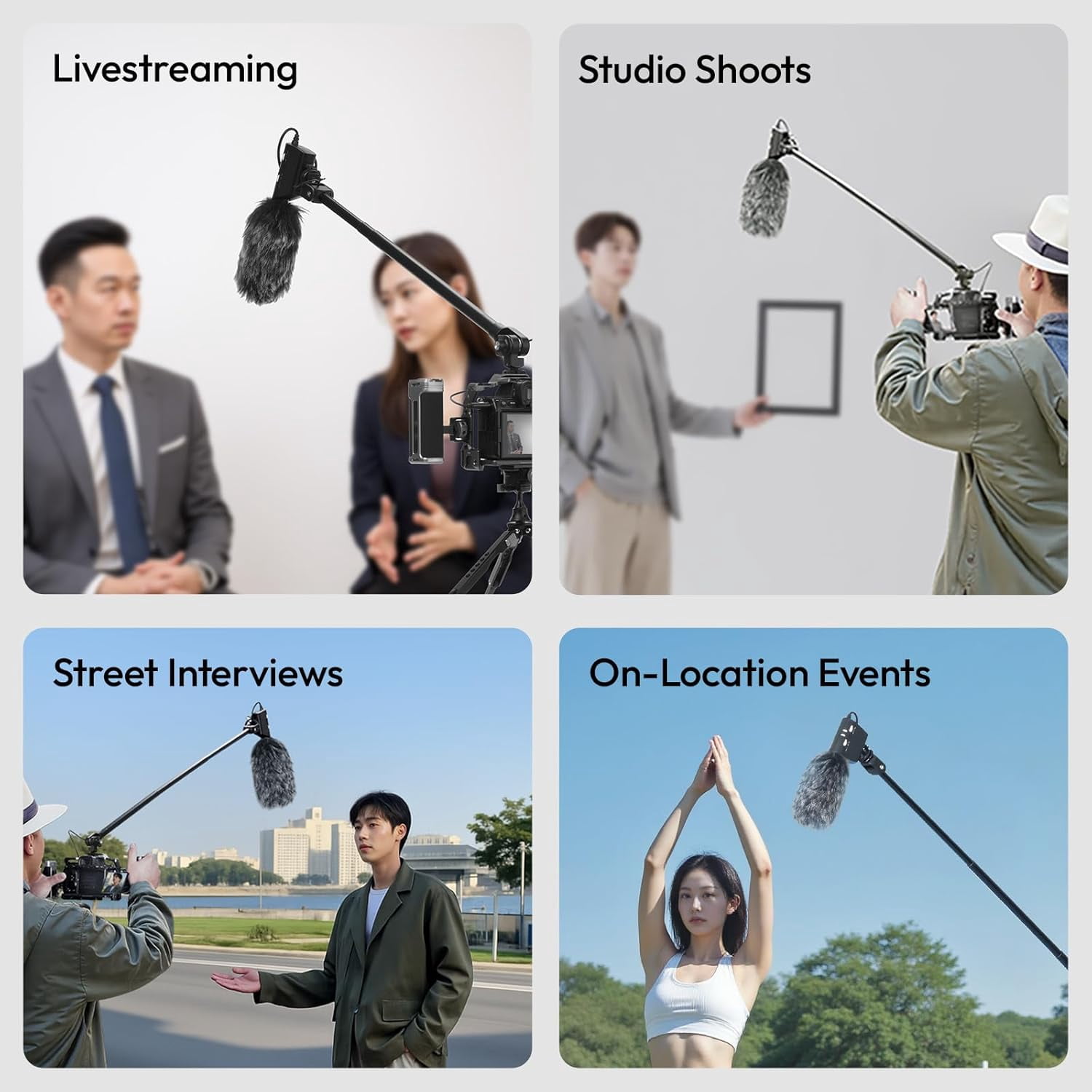 ZJ08 Extendable Cold Shoe Mic Arm Pole with Built-in 3.5mm Audio , 3 Section Aluminum Microphone  Pole for Cold Shoe Microphones, Angle Length Adjustable, 1KG  Load