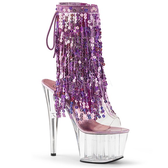 *7" Heel, 2 3/4" PF Sequins Fringe Ankle Boot, Side Zip - Clr-Purple Holo/Clr, 9