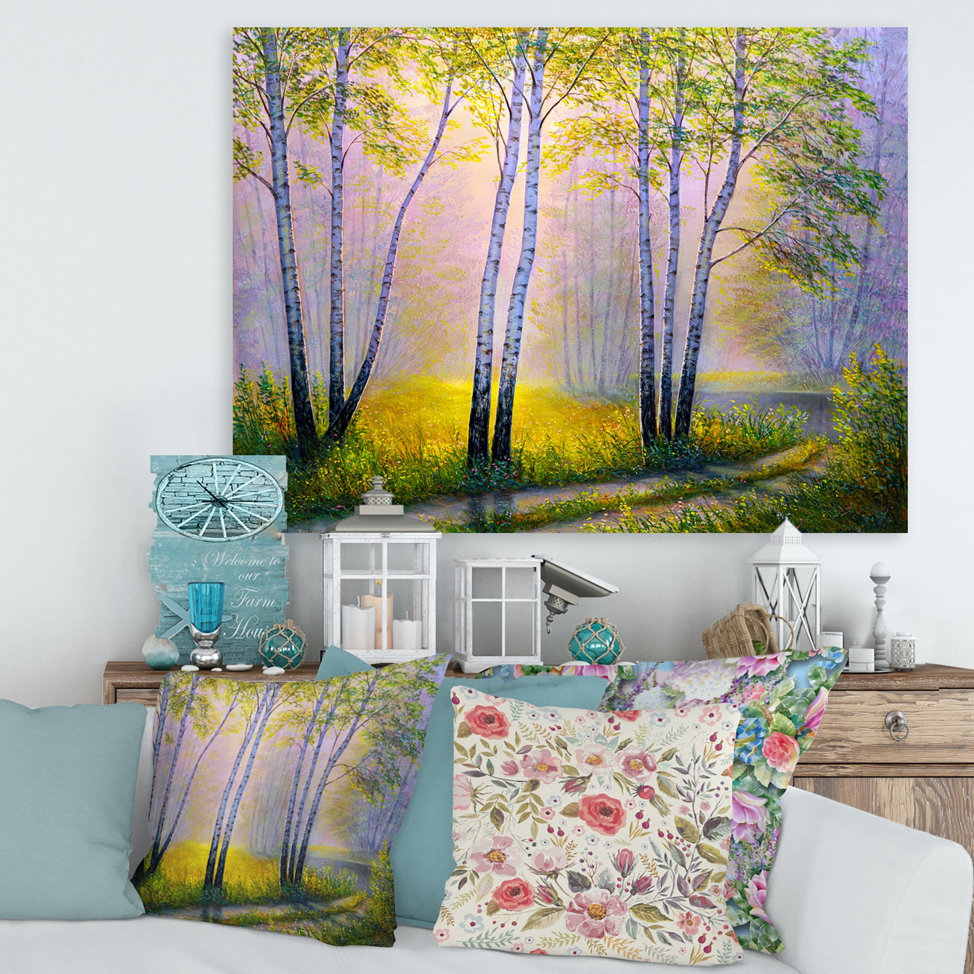 Designart ' Sunrise Glow Through The Birches I ' Traditional Canvas Wall Art Print