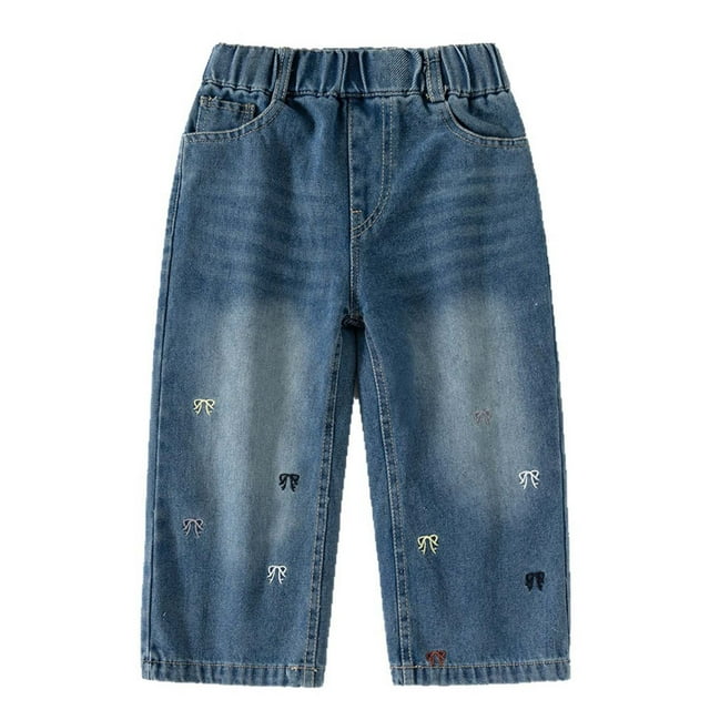 Girls Ruffled Pants Girls Pants with Zippers Legging Star Stretchy for Soft Girl Clothes Girls' Denim Wide Leg Suitable For Young Children Comfortable And Elastic Straight Leg Design Blue 6-7Y