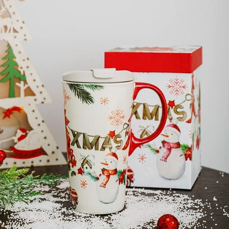 

Christmas Ceramic Travel Mug with Color Gift Box Coffee Cup 17 Oz.Christmas Gift XMAS