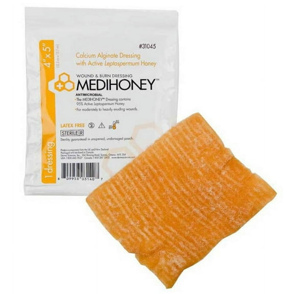 MEDIHONEY Calcium Alginate Dressing, Calcium Alginate/Active Leptospermum Honey, 4 Inches x 5 Inches, Sterile, 1 Count