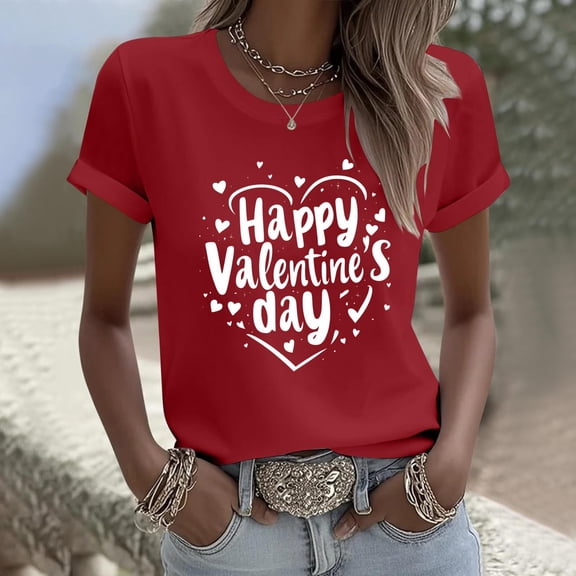 mihongmao Valentine Shirts for Women Plus Size Women Heart Print Short Sleeve Round Neck Top T-Shirt Red M