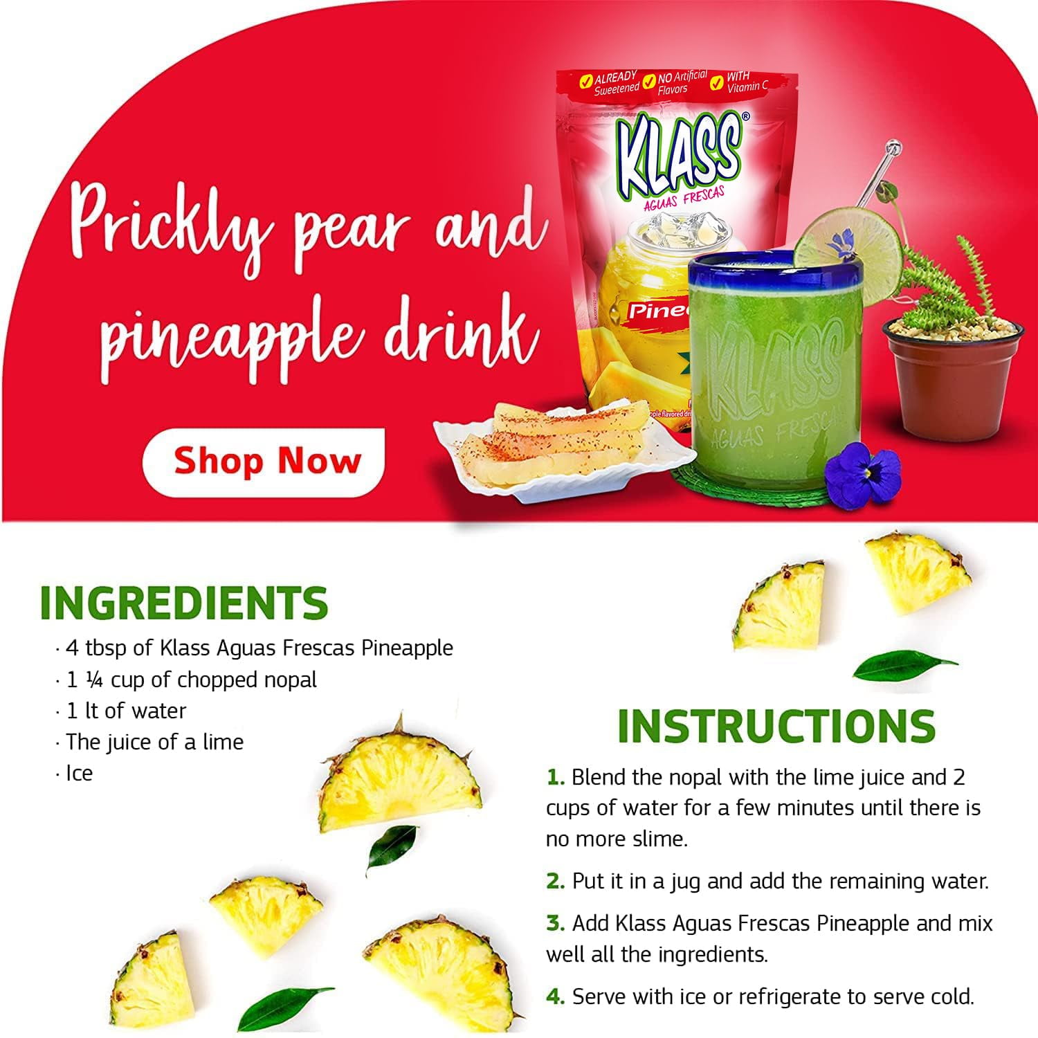 (3 pack) Klass Aguas Frescas Pineapple, with Vitamin C, Multiserve, Powdered Drink Mix, 14.1oz