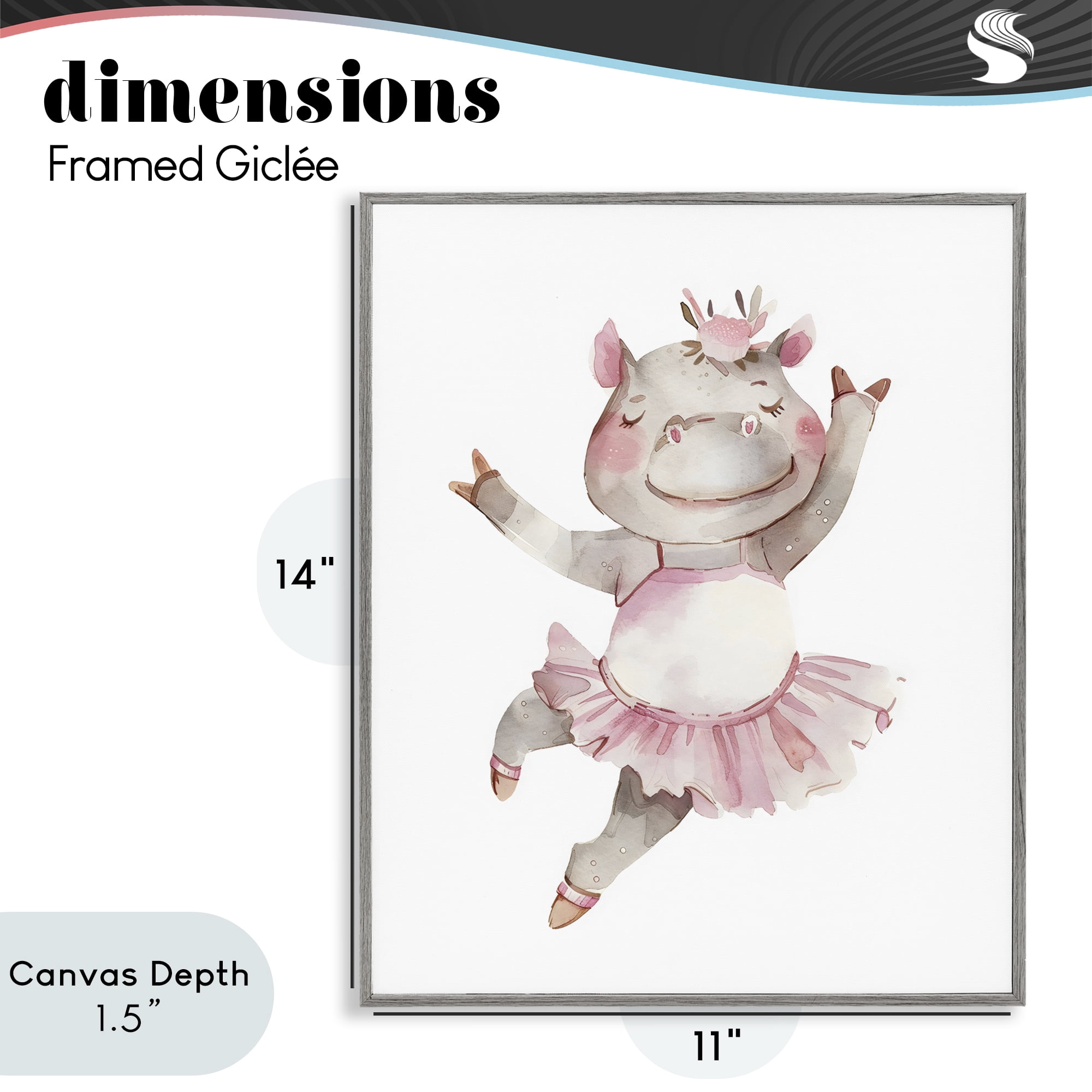 Stupell Industries Ballerina Hippo in Tutu Gray Framed Giclee Art, design by LSR Design Studio