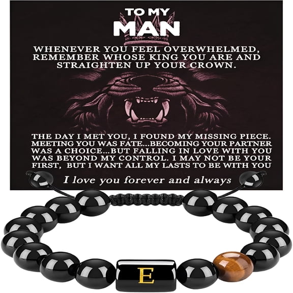 DESIGNICE Initials Bracelets for Men Letter Link Handmade Natural Black Onyx Tiger Eye Stone Beads Braided Rope Meaningful Bracelet for Boyfriend Husband Birthday Fathers Gifts