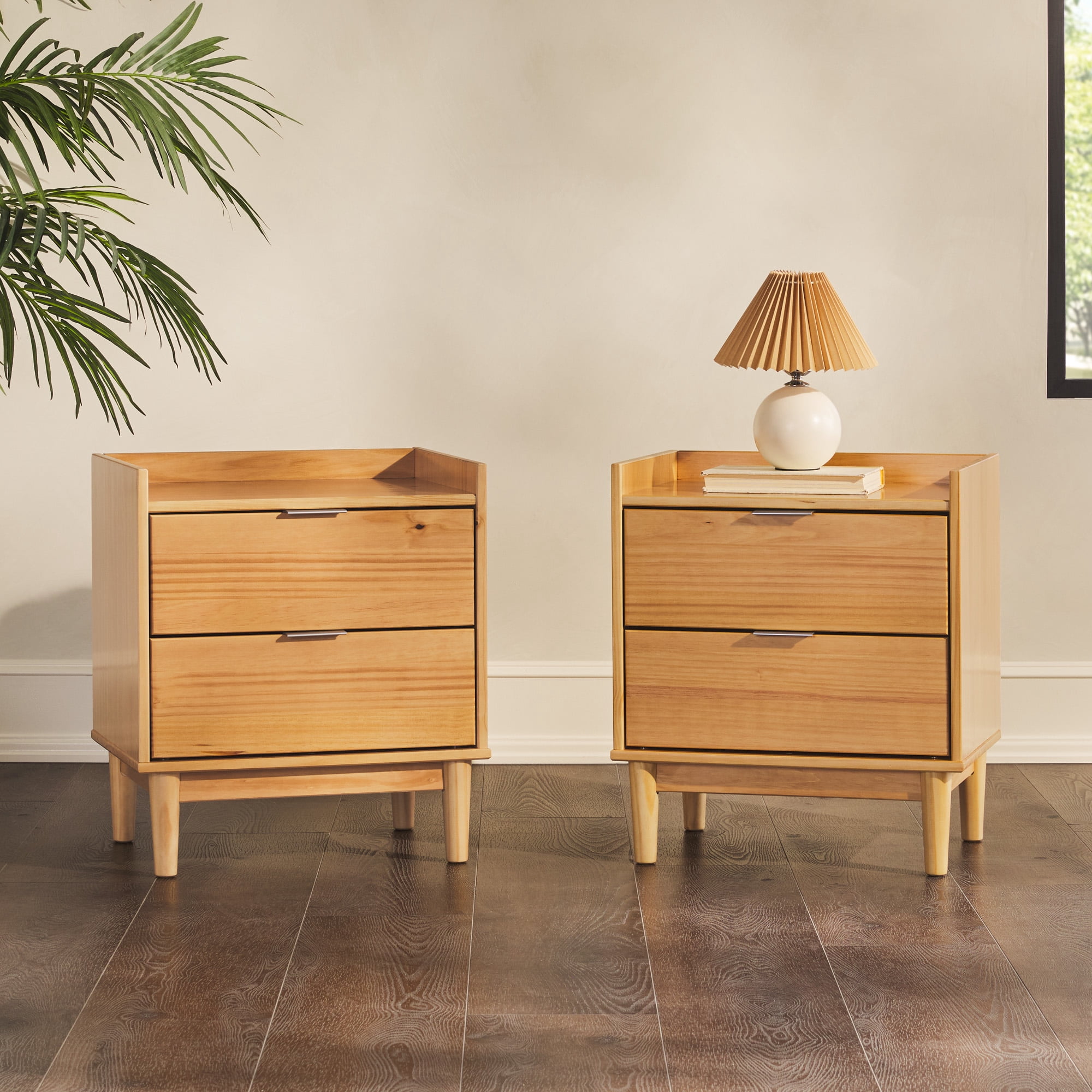 Walker Edison Mid-Century Modern Gallery-Top 2-Drawer Nightstand, 2 Pack, Natural Pine