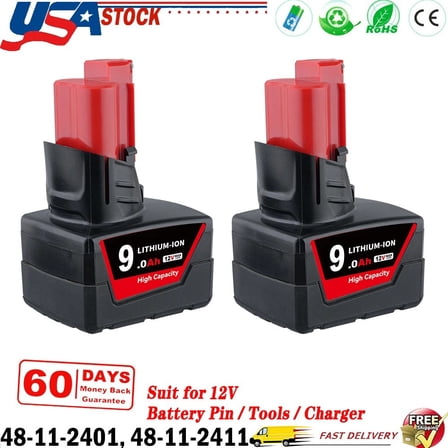2Pcs 9000mAh M12 Replacement for Miwokee 12Volt Battery Compatible 48-11-0490, 48-11-2402, 48-11-2411, 48-11-2430, Cordless Power Tools and Charger