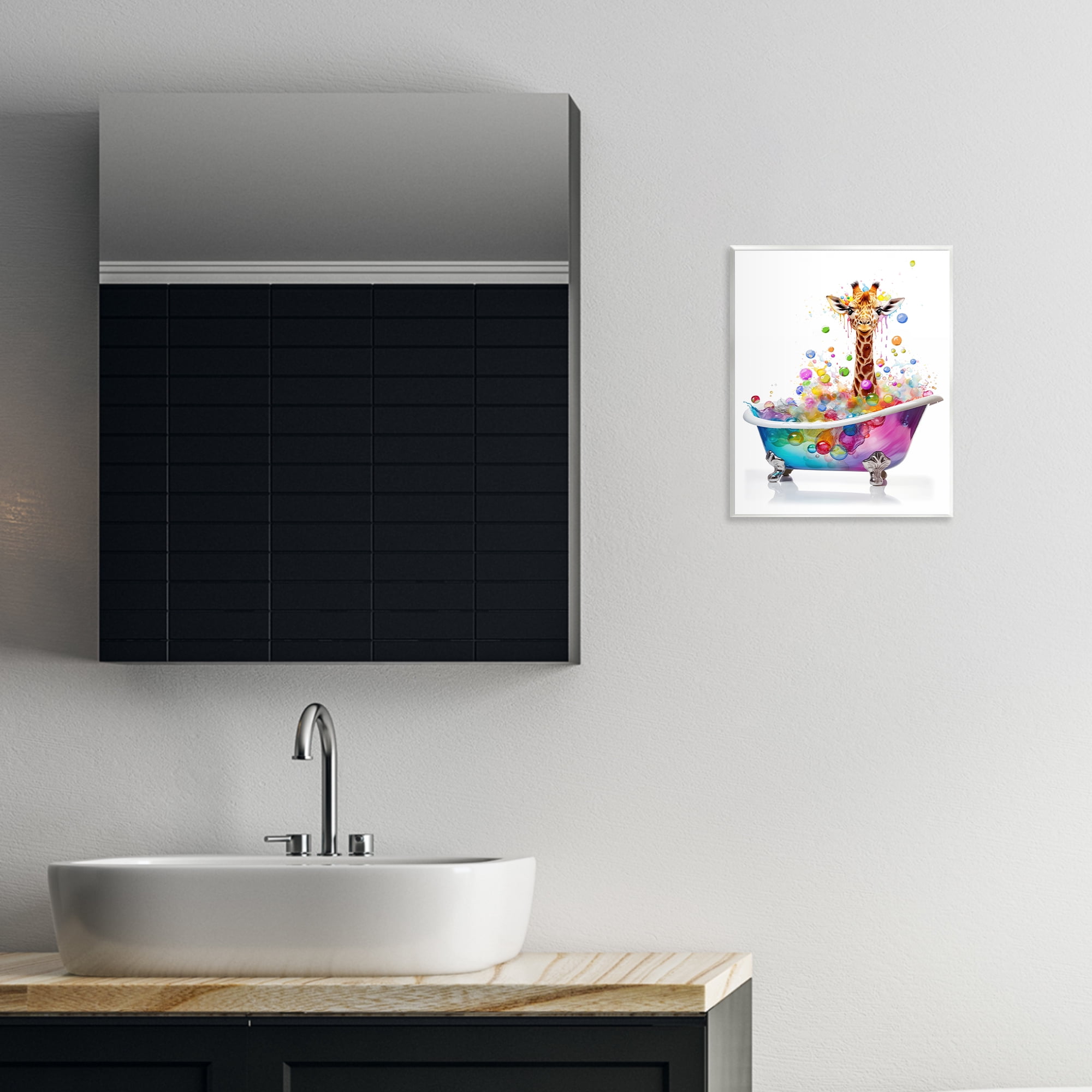 Stupell Industries Rainbow Bubble Bath Giraffe Bath & Laundry Painting Unframed Art Print Wall Art, 11 x 14