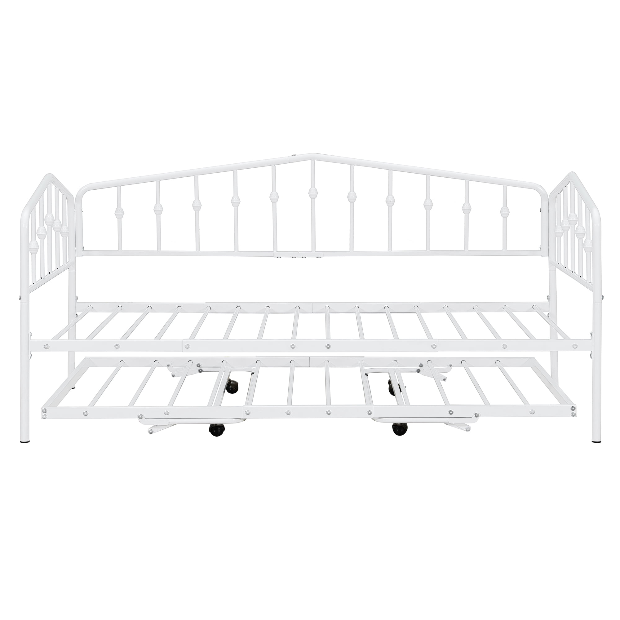GARITIN Twin Size Metal Daybed with Adjustable Trundle, Portable Folding Trundle Bed Frame for Guest Room, White