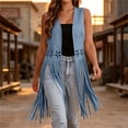 thumbnail image 2 of Fringe Vest Women Cutout Faux Suede Tassel Sleeveless Jackets Lightweight Fall Layering Fashion Casual Outerwear Light Blue XL, 2 of 7