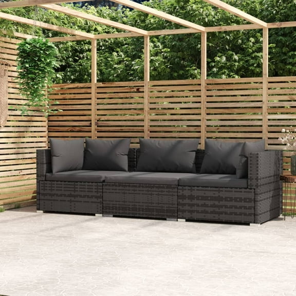 vidaXL Wicker Patio Furniture 3 Piece with Cushions Gray Poly Rattan