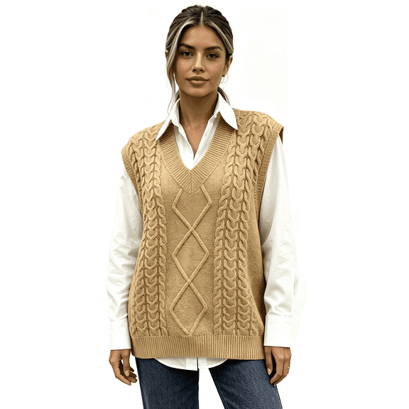 QSAWXQZ Women's Cable Knit Sweater Vest V Neck Sleeveless Oversized Pullover Top Khaki 2XL