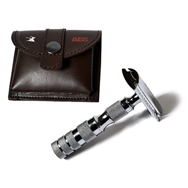 Classic Samurai Travel Double Edge Safety Razor Chrome Plated with Genuine Leather Case and 5 Blades Pack