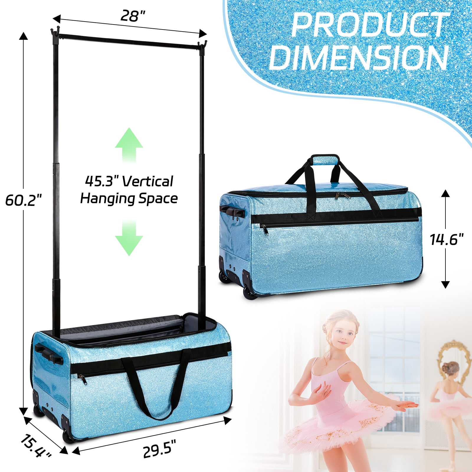 Dance Bag with Garment Rack, 28" Rolling Dance Competition Bag for Shows,Travel and Performances