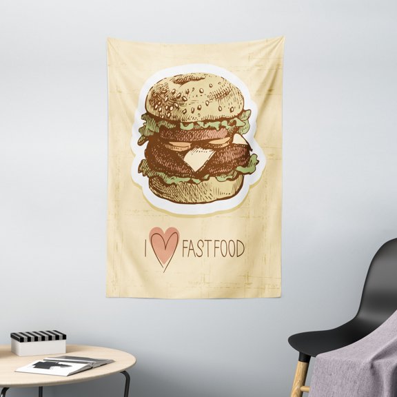 Hamburger Tapestry, Grunge Retro Illustrated Delicious Food and I Love Fast Food Typography Print, Wall Hanging for Bedroom Living Room Dorm Decor, 40W X 60L Inches, Multicolor, by Ambesonne