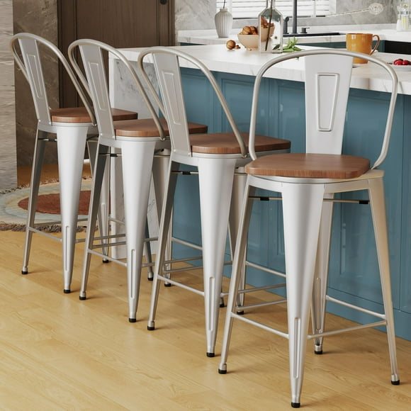 Alunaune 30" Swivel Metal Bar Stools Set of 4 High Back Counter Height Barstools Kitchen Dining Bar Chairs Industrial with Large Wooden Seat-Silver