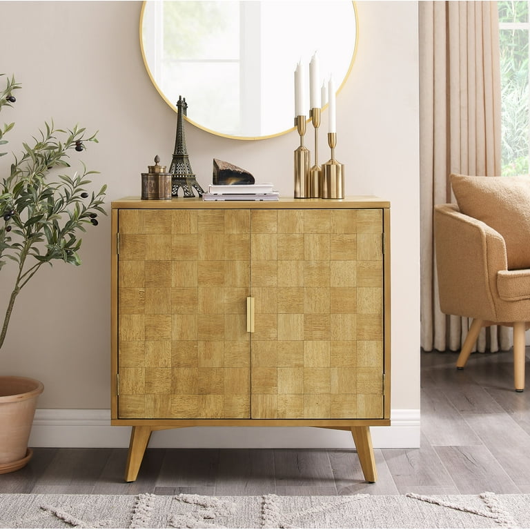 Art Leon Storage Accent Cabinet with 2 Doors Plaid Grain Design Buffet Cabinet for Living Room Dining Room Light Brown