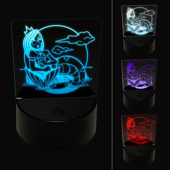 Coffee Drinking Hipster Mermaid LED Night Light Sign 3D Illusion Desk Nightstand Lamp