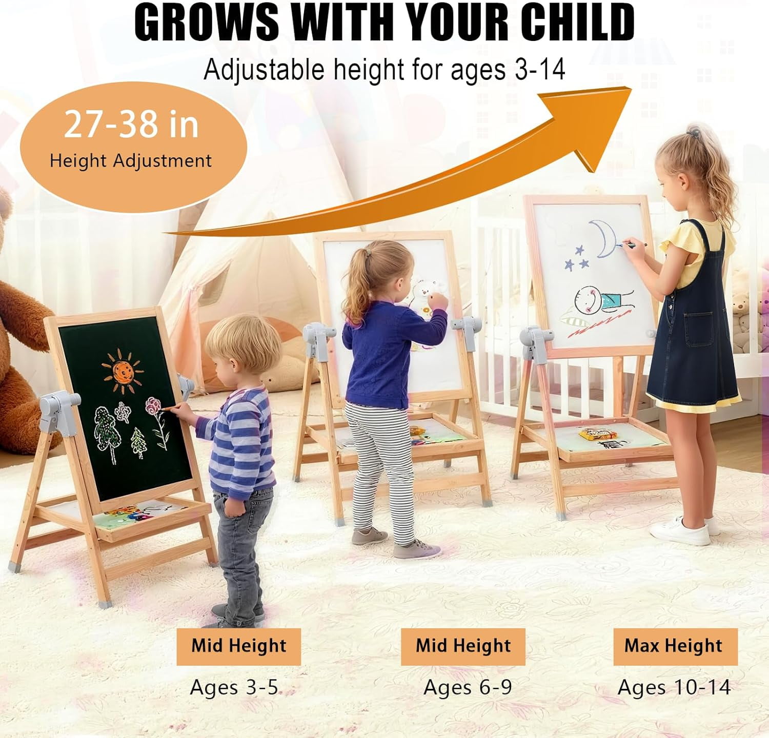 XYJBHB Art Easel for Kids, Double-Sided Kid's Easel with Magnetic Whiteboard & Chalkboard, Adjustable Kids Land Easel, Learning-Toy for 3,4,5,6,7,8 Years Old Boy&Girls