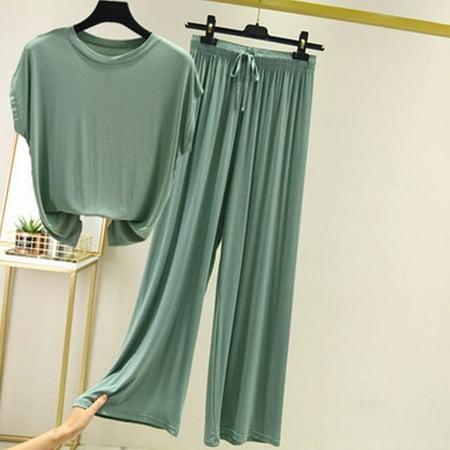 uublik Womens Lounge Wear 2 Piece Set Casual Short Sleeve Pullover Tops and Drawstring Wide Leg Pants Lounge Sets Green  M