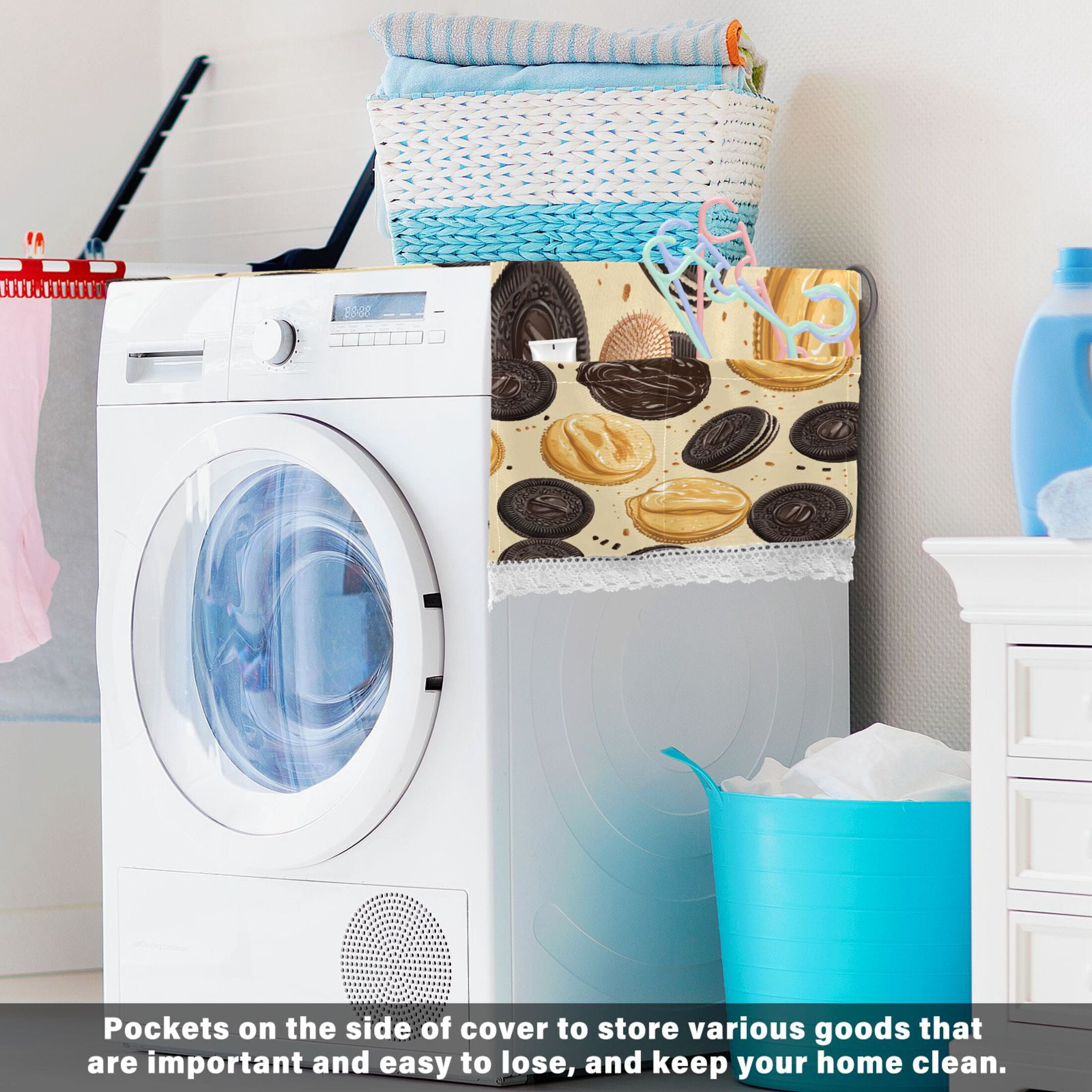 Oreo CookiesWasher and Dryer Covers Dust-Proof and Oil Resistant Fridge Cover with 4 Storage Pockets Washing Machine Top Cover for Laundry Kitchen Home 51.2 x 22 In