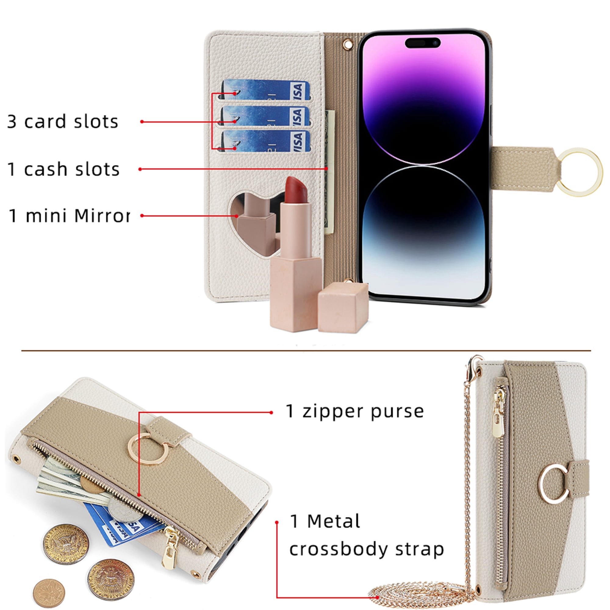 Dteck Crossbody Wallet Case for iPhone 11 Pro Max, Premium Color-Blocking PU Leather Zipper Purse with Card Holder Mini Mirror for Women Girls, Folio Flip Phone Case with Magnetic Closure,White