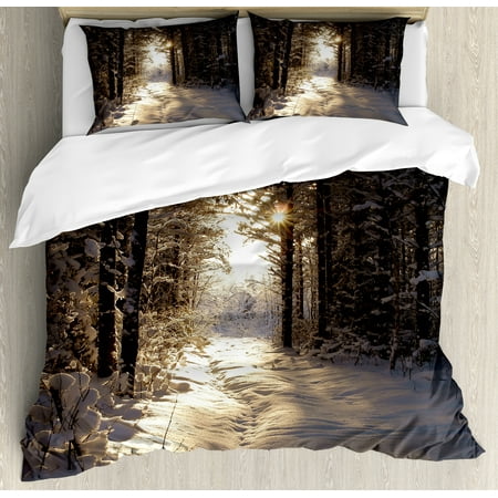 Woody Duvet Cover Winter King Size Duvet Cover Set, Christmas Season with Snow and Frozen Forest Sun Rays Very Cold Woods Scenery, Decorative 3 Piece Bedding Set with 2 Pillow Shams, Brown Pale Yellow, by Ambesonne ()