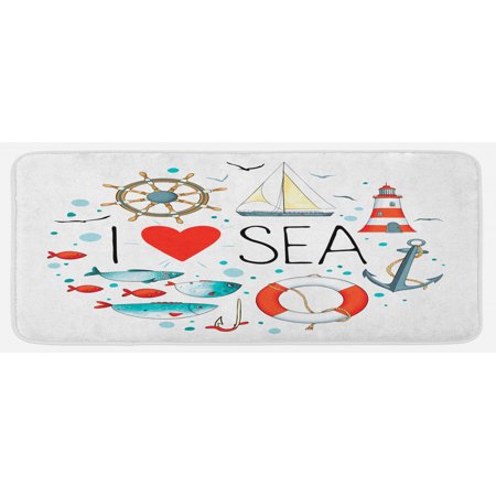 

Nautical Kitchen Mat I Love Sea Words Heart Materials Anchor Compass Knotted Rope Plush Decorative Kitchen Mat with Non Slip Backing 47 X 19 White Red Blue by Ambesonne