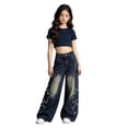thumbnail image 6 of Glisme Little Girls Denim Pants Wide Leg Jeans With Pockets Autumn Casual Girls Baggy Trousers, 6 of 8