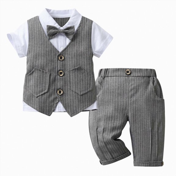 WUANDIXFA Toddler Boy Gentleman Outfits 6 12 18 24 Months 3T 4T 5T Short Sleeve Bowtie Shirt with Vest and Shorts Formal Wedding Suit Set,Grey,12-18 Months