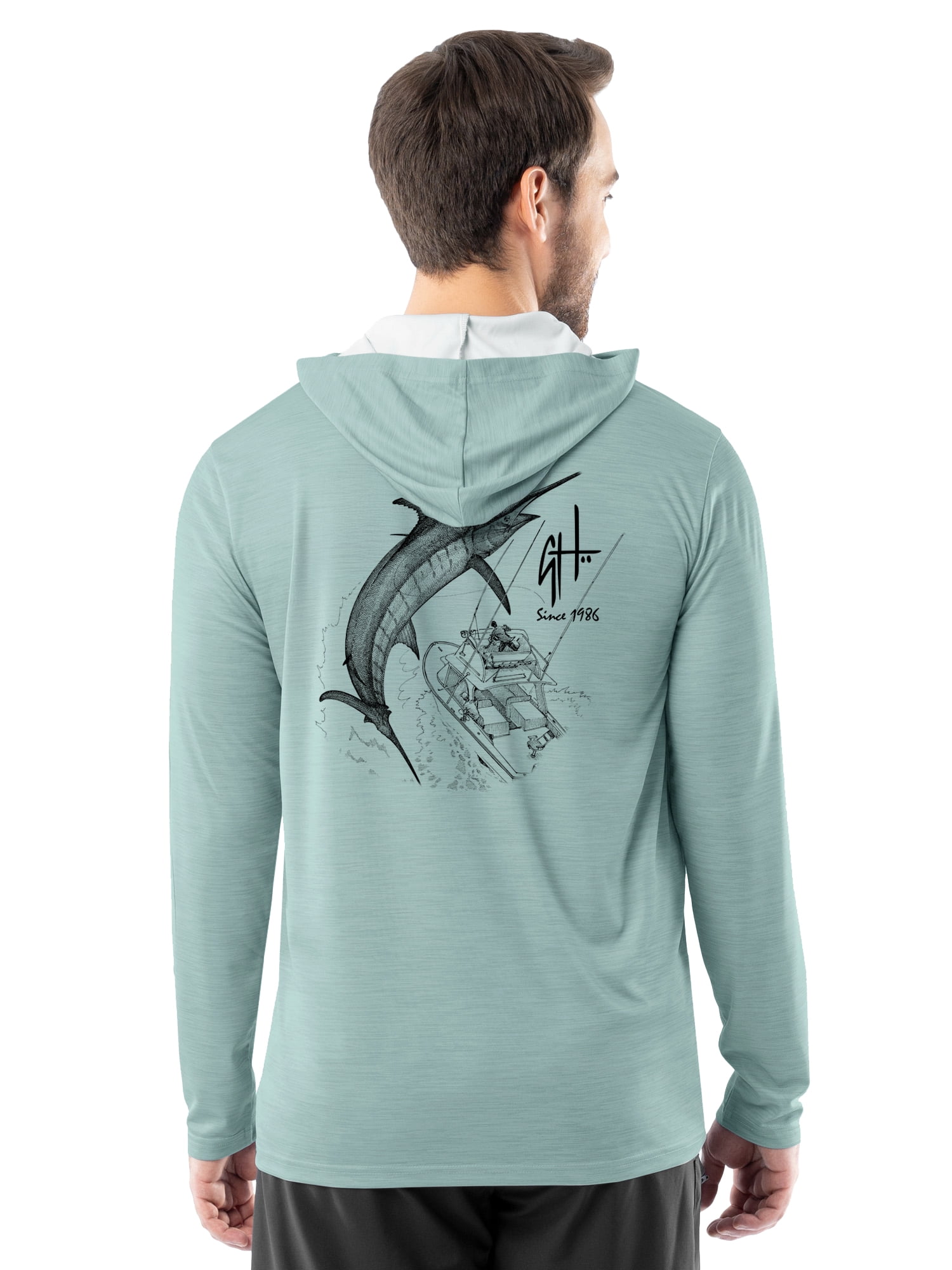 GH BY GUY HARVEY Men's Long Sleeve Performance Fishing Graphic Hoodie, Surf Spray, M