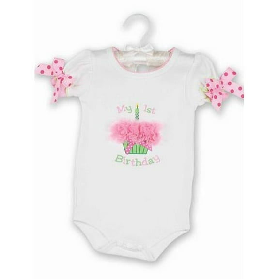 Bearington Polkadot bowed onesie with My 1st Birthday printed on it and a cute frilly cupcake in the center Her 1st