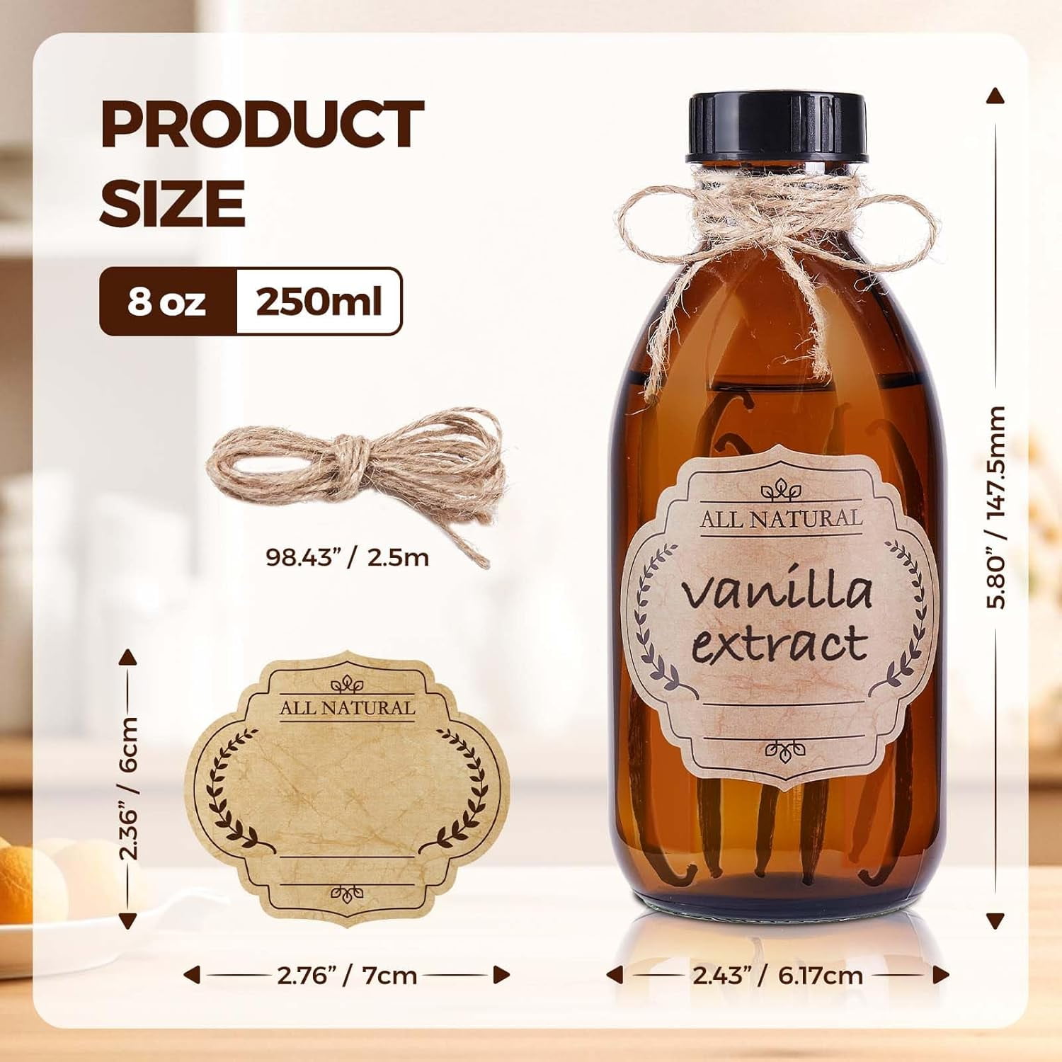 12 Pack, 8 OZ Amber Glass Bottles with Caps Leakproof Refilllable Empty Brown Boston Sample Dispensing for Homemade Vanilla Extract, Essential Oils, Potion, Juice, Ginger Shots, Liquids