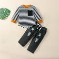 thumbnail image 2 of Mercatoo Kids Boy Fall Outfit Warm Round Neck Long Sleeve Striped Tops Ripped Jeans Set Toddler Boys Winter Clothes, 2 of 7