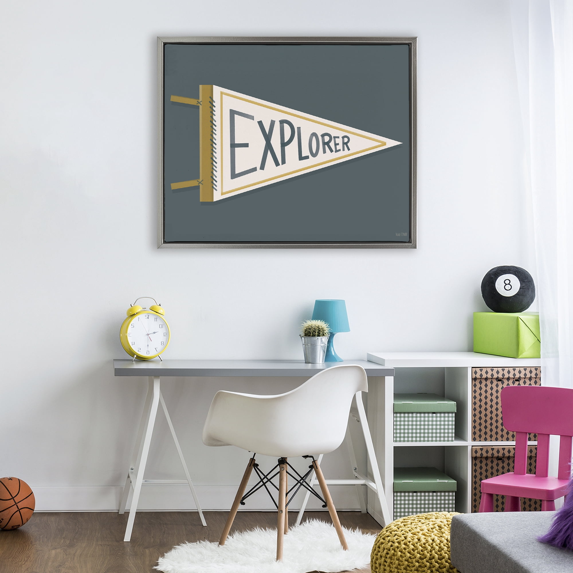 Stupell Industries Explorer Retro Pennant Gray Framed Floater Canvas Wall Art, design by House Fenway