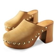 thumbnail image 2 of YDN Women Platform Rivet Studded Clog Mules Round Toe Slip on High Chunky Heels Casual Dress Slide Sandals Size 9.5 Khaki, 2 of 3
