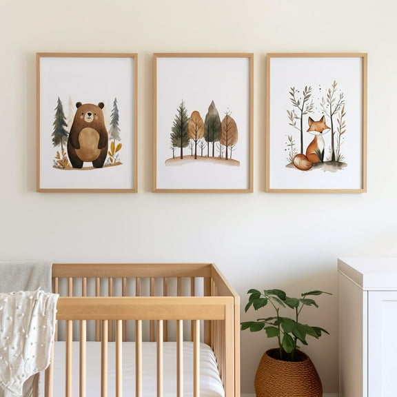 Luvia Cute Bear And Fox Woodland Themed Set Of 3 Nursery Poster, Whimsical Forest Animals Wall Art , Modern Wall Decor Set 3 Prints 8x12 UNFRAMED