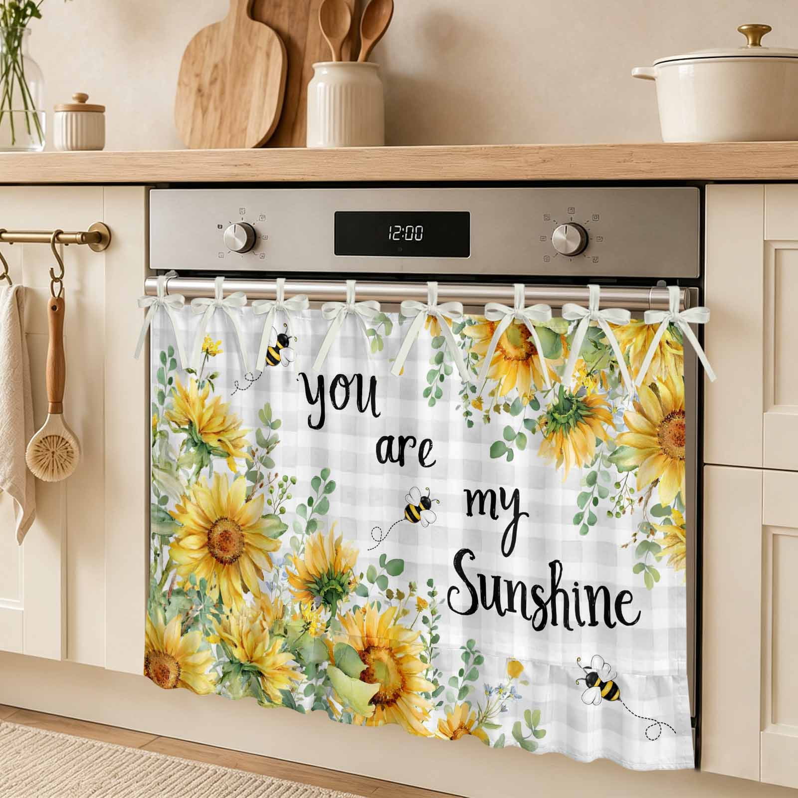Sunflowers Oven Skirt Curtain Country Watercolor Summer Floral Bee Grey Plaid Tie Top Tier Curtains Stove Dishwasher Skirt Small Window Drapes for Kitchen Bathroom Cafe 32 x24