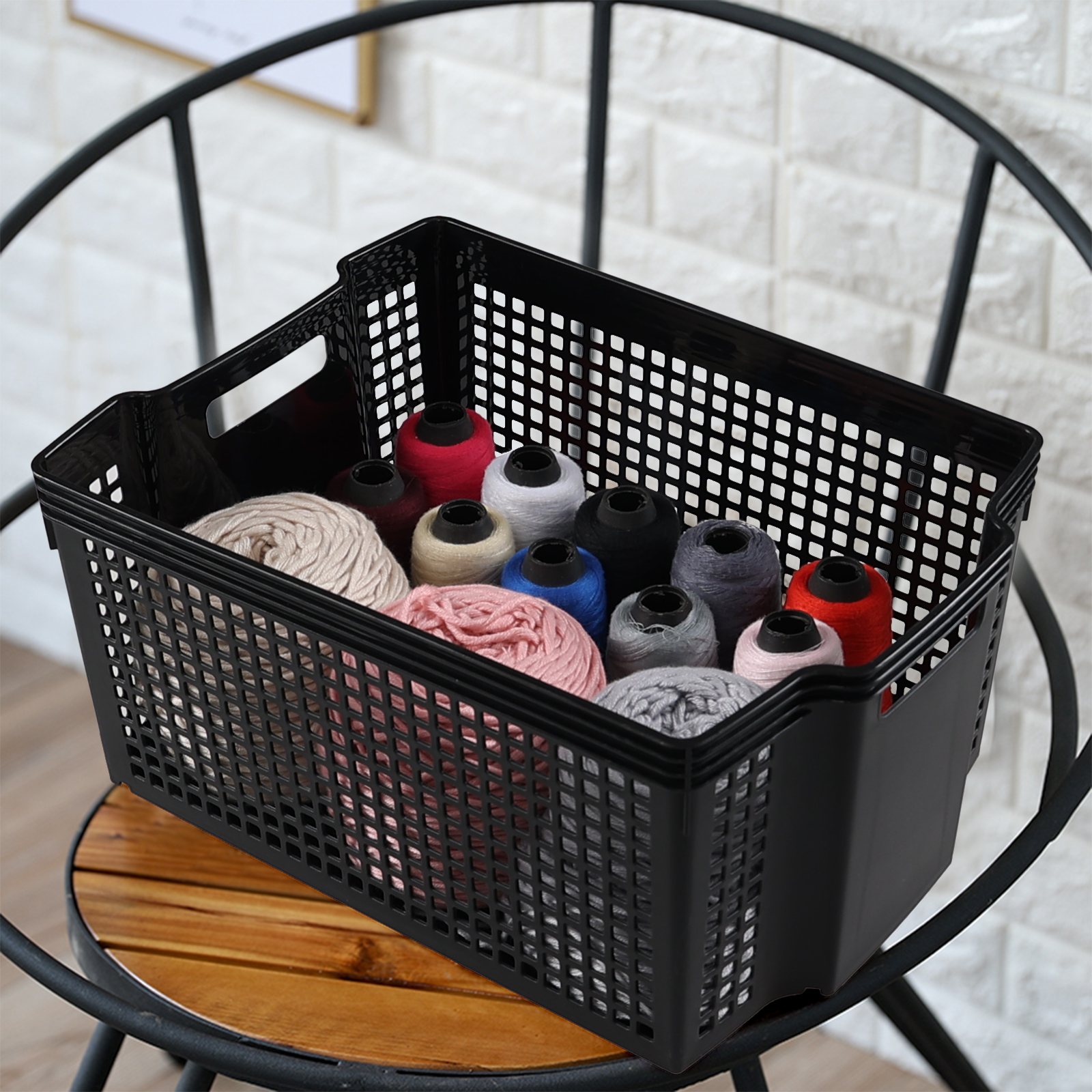 Gloreen 6 Pack Large Plastic Basket for Organizing, Black Stackable Storage Basket
