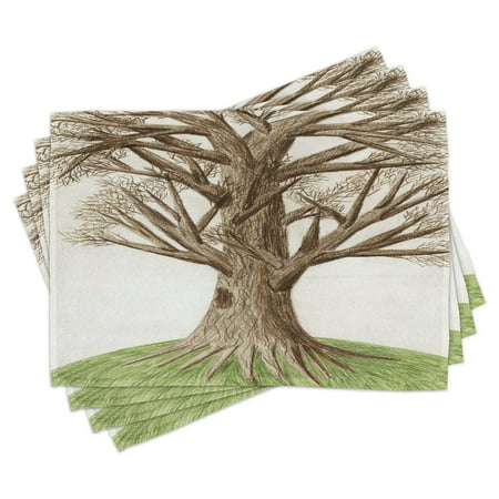 

Tree of Life Placemats Set of 4 Hand Drawn Pastoral Single Old Tree with Growing Branches on the Grass Print Washable Fabric Place Mats for Dining Room Kitchen Table Decor Green Brown by Ambesonne