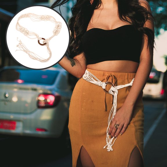 Beaupretty Woven Beige Waist Belt for Dresses Handcrafted Bohemian Style for Womens Fashion Wear