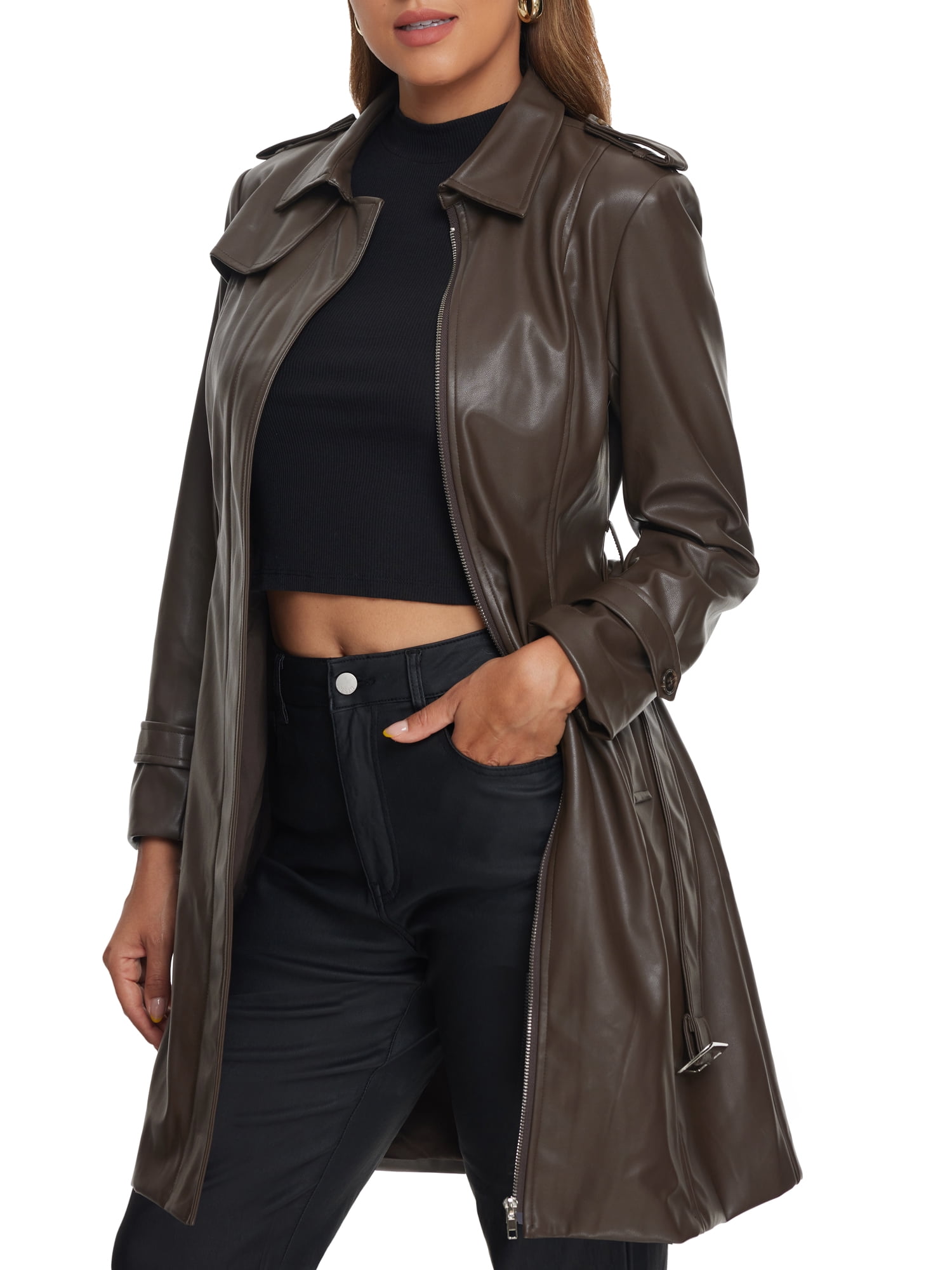 INSPIRE CHIC Faux Leather Long Jacket for Women's Lapel Slim Fit Long Sleeve Zip Coats