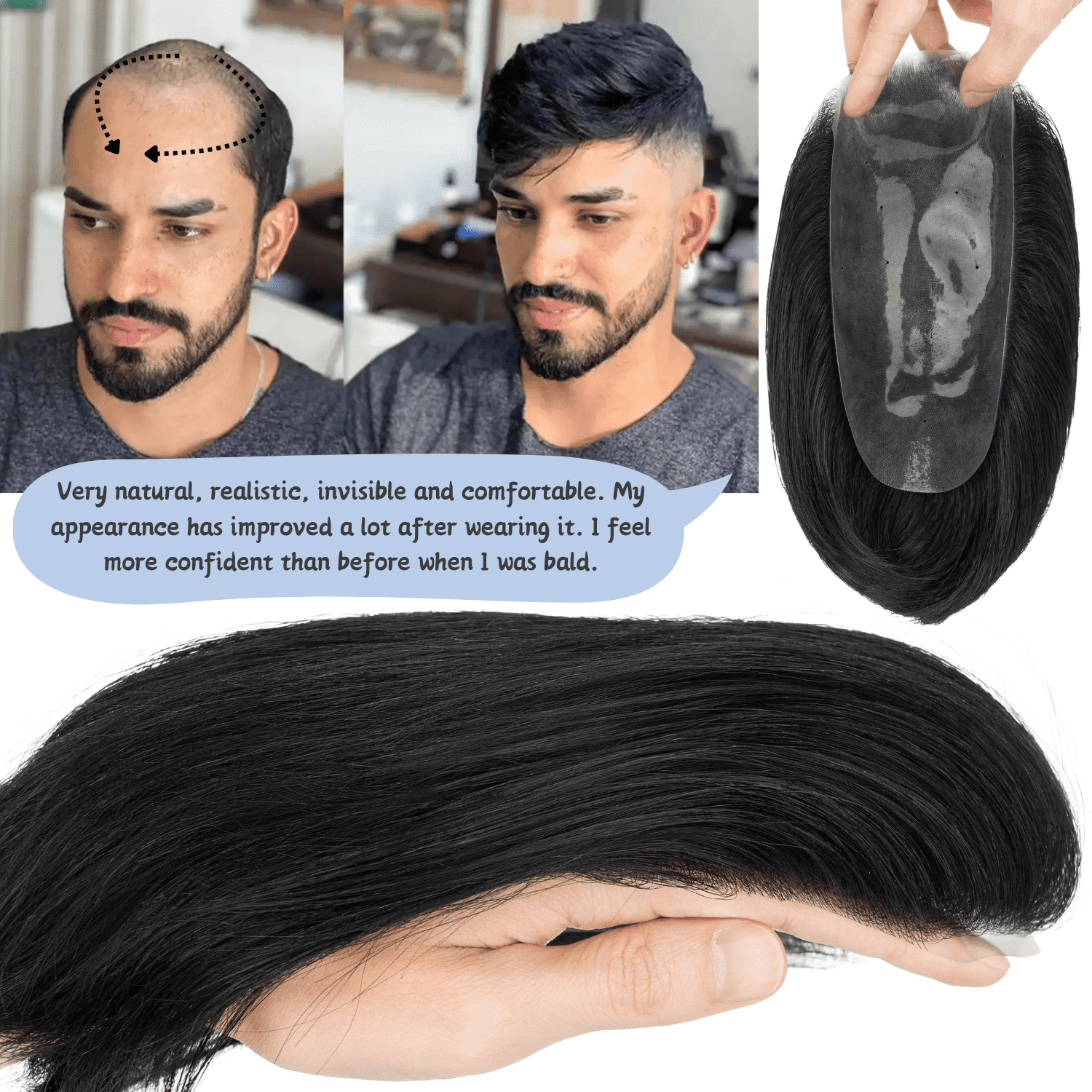 Benehair Poly Skin Thin PU Base Toupee Wig Slicked Base Hairpiece Replacement Systems For Man 100% Remy Real Human Hair Topper Hair Piece 6"*8" Top Piece Natural Black 120% Density with Tape