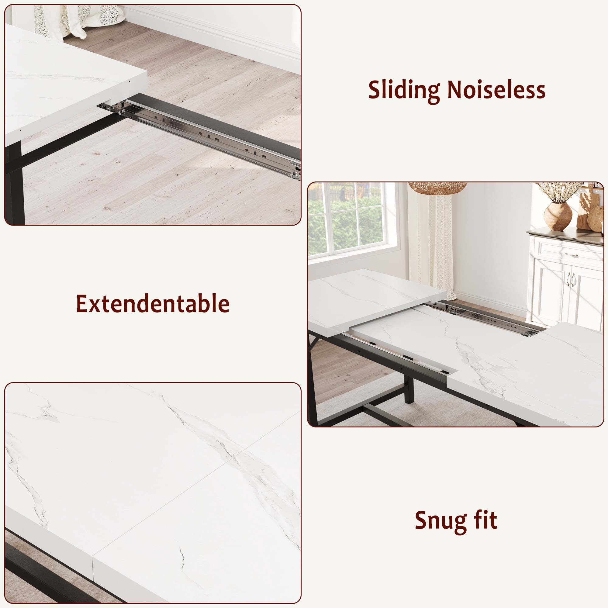 Extendable Dining Table Set for 4 to 6 People, Industrial Wood Table with 2 Upholstered Benches, Metal Corner Protectors for Small Space Apartment