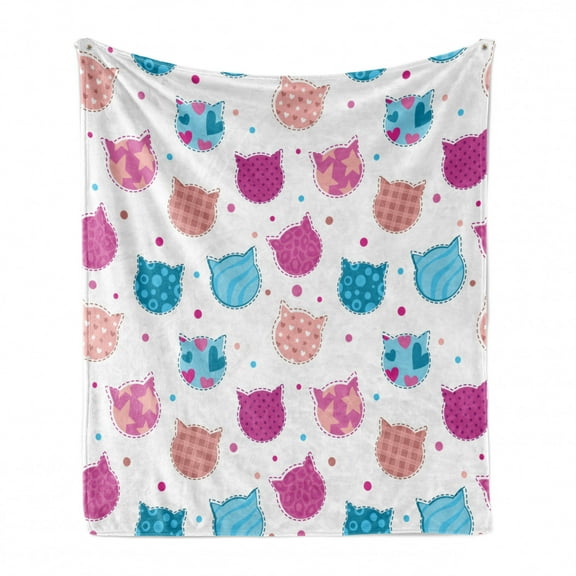 Feminine Soft Flannel Fleece Blanket, Cat Heads Silhouettes with Stars Dots and Stripes Checked Patterns Patchwork, Cozy Plush for Indoor and Outdoor Use, 70" x 90", Fuchsia and Blue, by Ambesonne