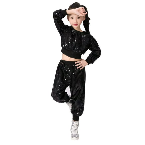LNMQLPDBS Toddler Girls Sequin Dance Outfit Set Kids Sparkly Zip Up Jacket Girls Hip Hop Performance Clothing Teen Stage Costume Tween Shiny Two Piece Jogger Set with Elastic Waistband