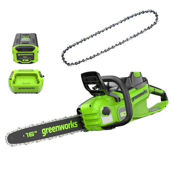 Greenworks 60V 16" 1.5kW Brushless Chainsaw with 2.5 Ah Battery & 3 Amp Charger   Bonus Chain