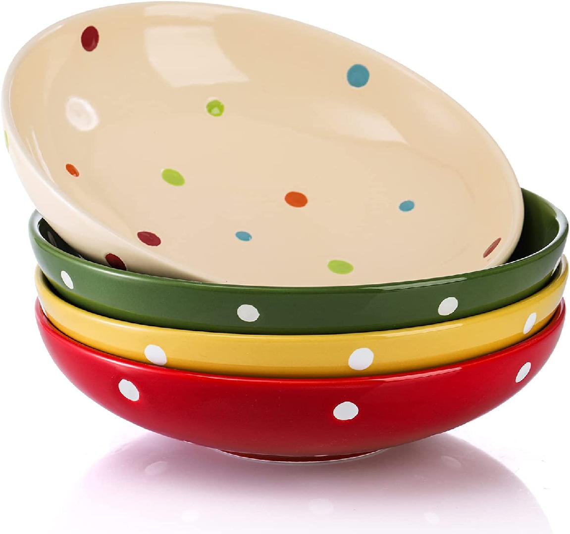 4 Pack Porcelain Pasta Salad Bowls, 8 Inch Colorful Polka Dot Ceramic