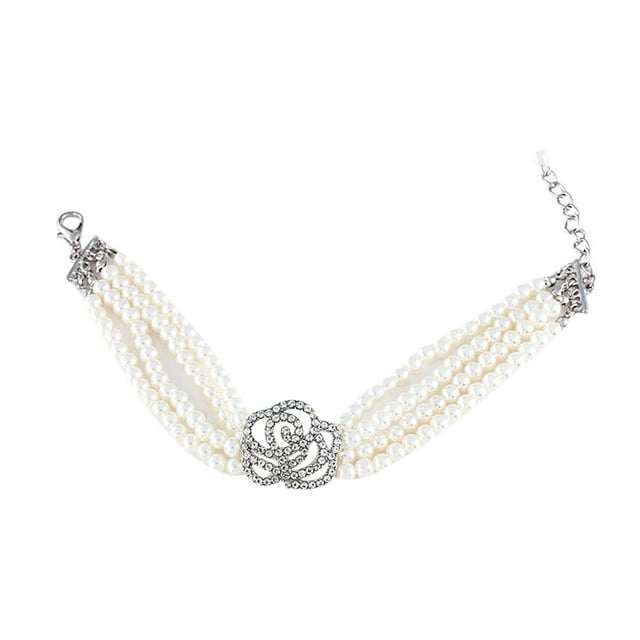 EeaseMX Precioso collar de perlas para perro con incrustaciones de rosas y cuatro hileras de perlas (rosa blanca, talla S)